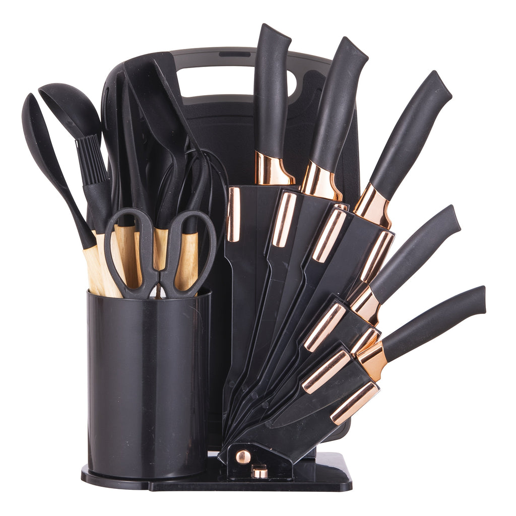 Kitchen Knife Set 19-Piece with Stainless Steel Blades, Wood Handles, Silicone Utensils, Board, Shears and Holder