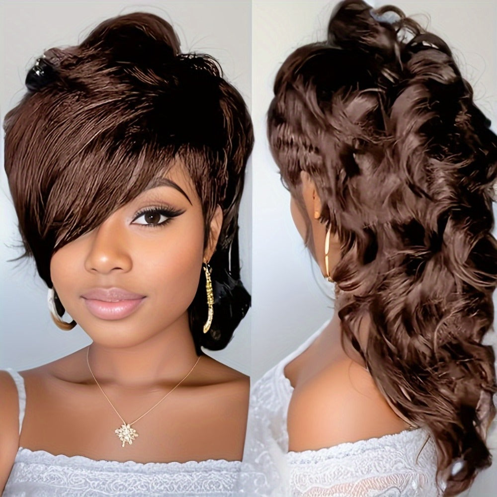 Synthetic Wig 14-Inch Curly-Wave Pixie Mullet with Bangs, 150% Density and Rose Net Cap in Three Colors