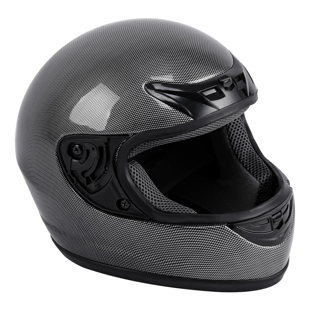 Motorcycle Helmet TCMT Full-Face Black Shell with Clear Shield, S-XL Size Chart, Interior Padding and Rear Vents