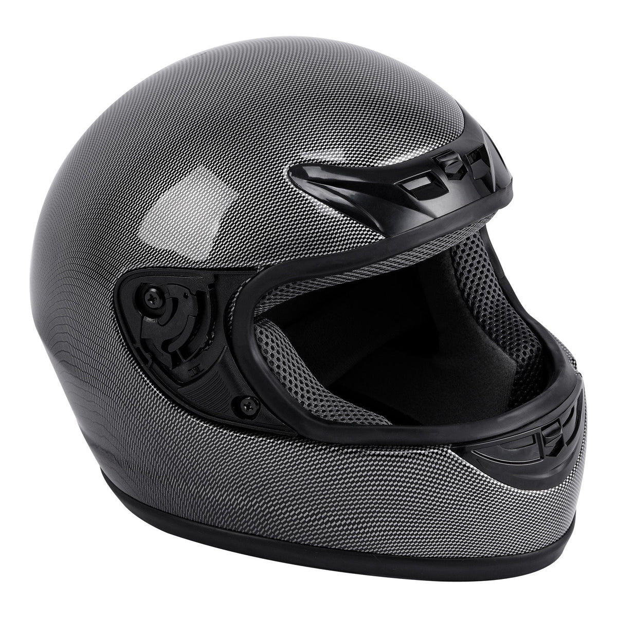 Motorcycle Helmet TCMT Full-Face Black Shell with Clear Shield, S-XL Size Chart, Interior Padding and Rear Vents