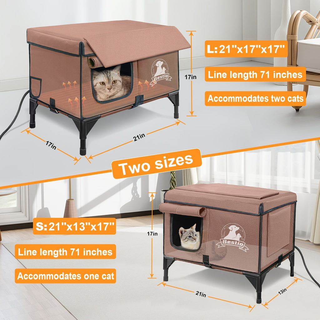 Heated Cat House 3-in-1 with Removable Warming Pad, Elevated Cat Bed for Indoor & Outdoor Cats, Chew-Resistant Cord, Double Door Cat Cave