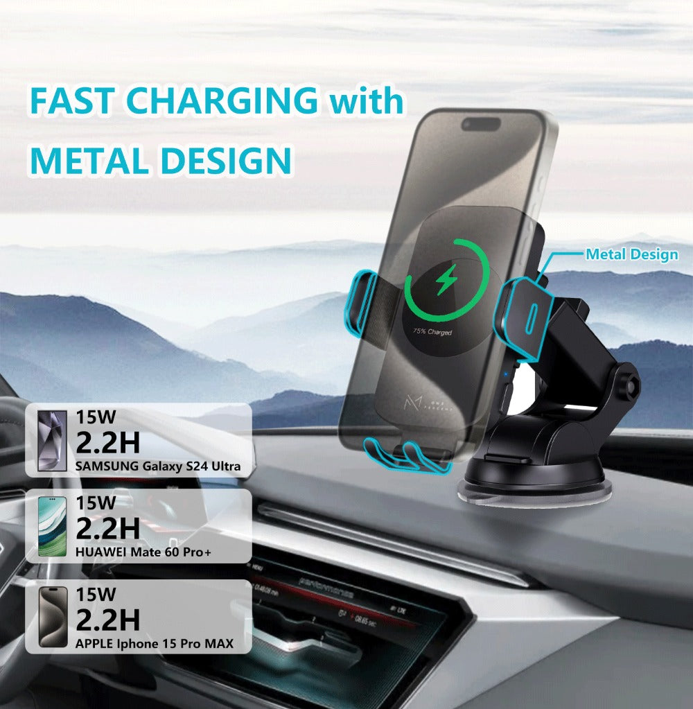 4-Color Wireless Car Charger Mount 15W Qi Auto-Clamping – Fast Wireless Charging Phone Holder for iPhone 17 16 15 14 13 12 11 Pro Max