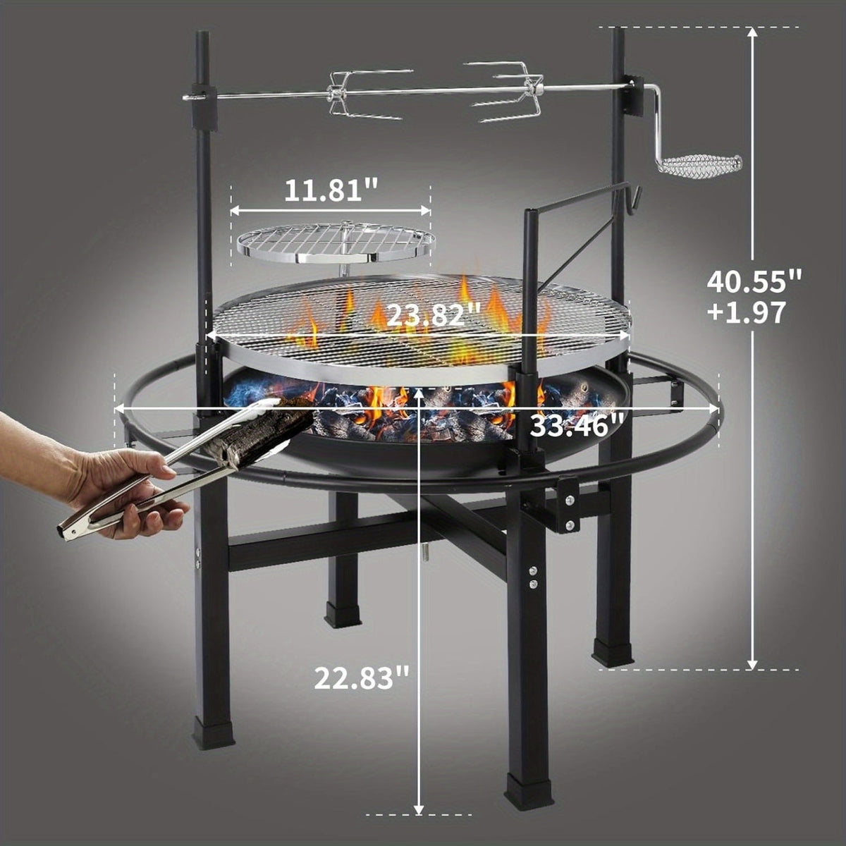 33-Inch Wood-Burning BBQ Fire Pit with Swivel Cooking Grate, Two Removable Grills and Height-Adjustable Rack