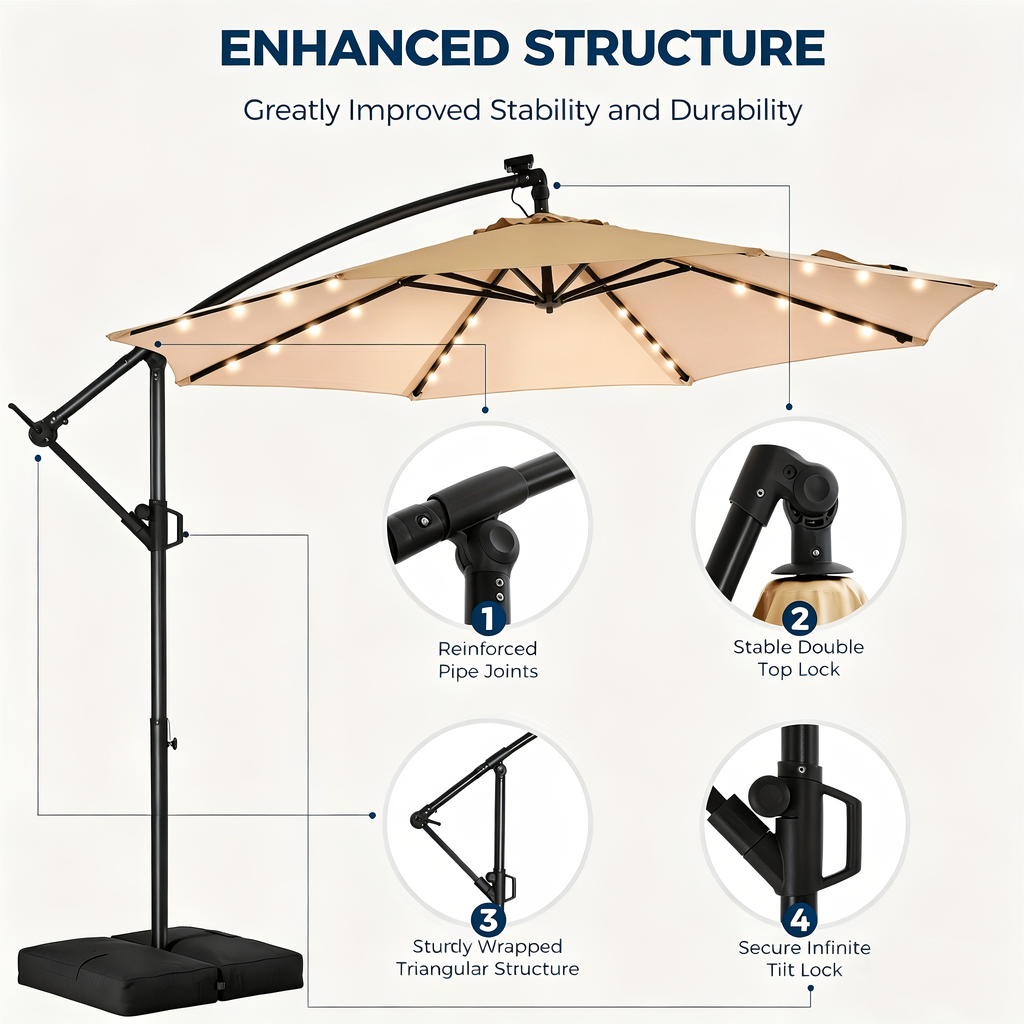 Patio Umbrella 10FT Solar LED Cantilever Style with 32 Lights, Eight-Rib Frame, Tilt and Four Colors