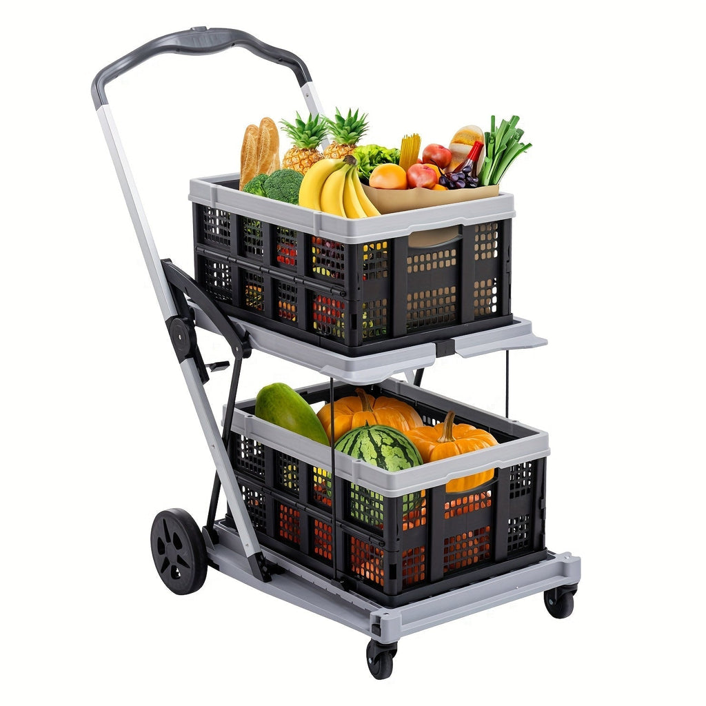 Two Tier Cart with 2 Storage Crates 360° Swivel Wheels, for Garden, Patio and Yard Use, with the Listed Configuration