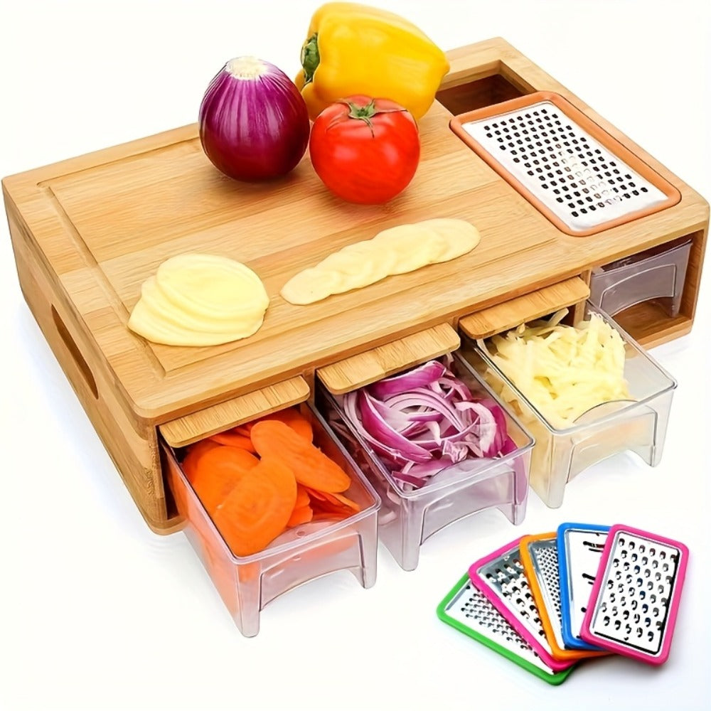 Cutting Board Bamboo Prep Station with Pull-Out Containers, Five Grater Inserts and Juice Channel