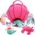 Plush Toy Five-Piece Ocean Creature Set with Mermaid, Sea Animals and Pink Shell Carry Bag