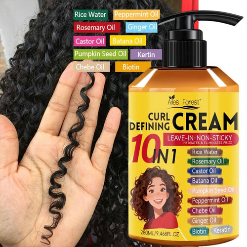 10-in-1 Curl Styling Cream in a 280ml Pump Bottle with Rice Water, Biotin and Named Oils Listed on Label