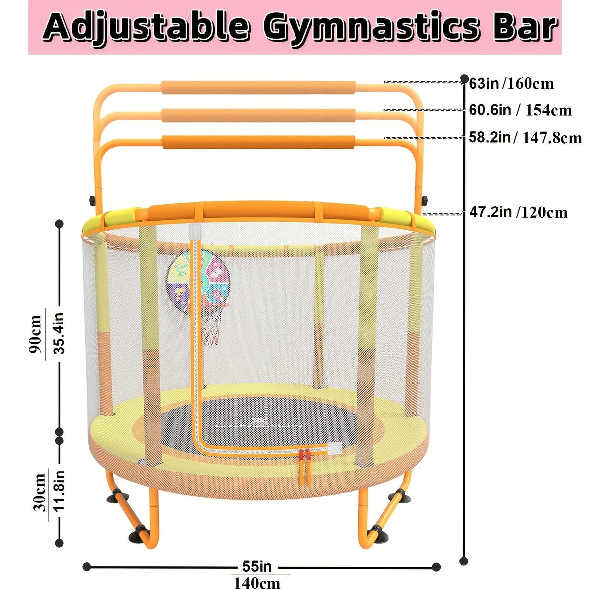 60 Inch Kids Trampoline 6-in-1 with Safety Net Enclosure, Basketball Hoop, Swing, Dart Board & Gymnastic Rings