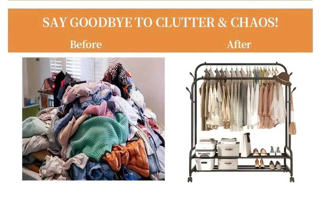 Black or Gold-Color Double-Rod Clothing Rack with Wheels, Side Hooks and 150 x 110 x 46 cm Frame