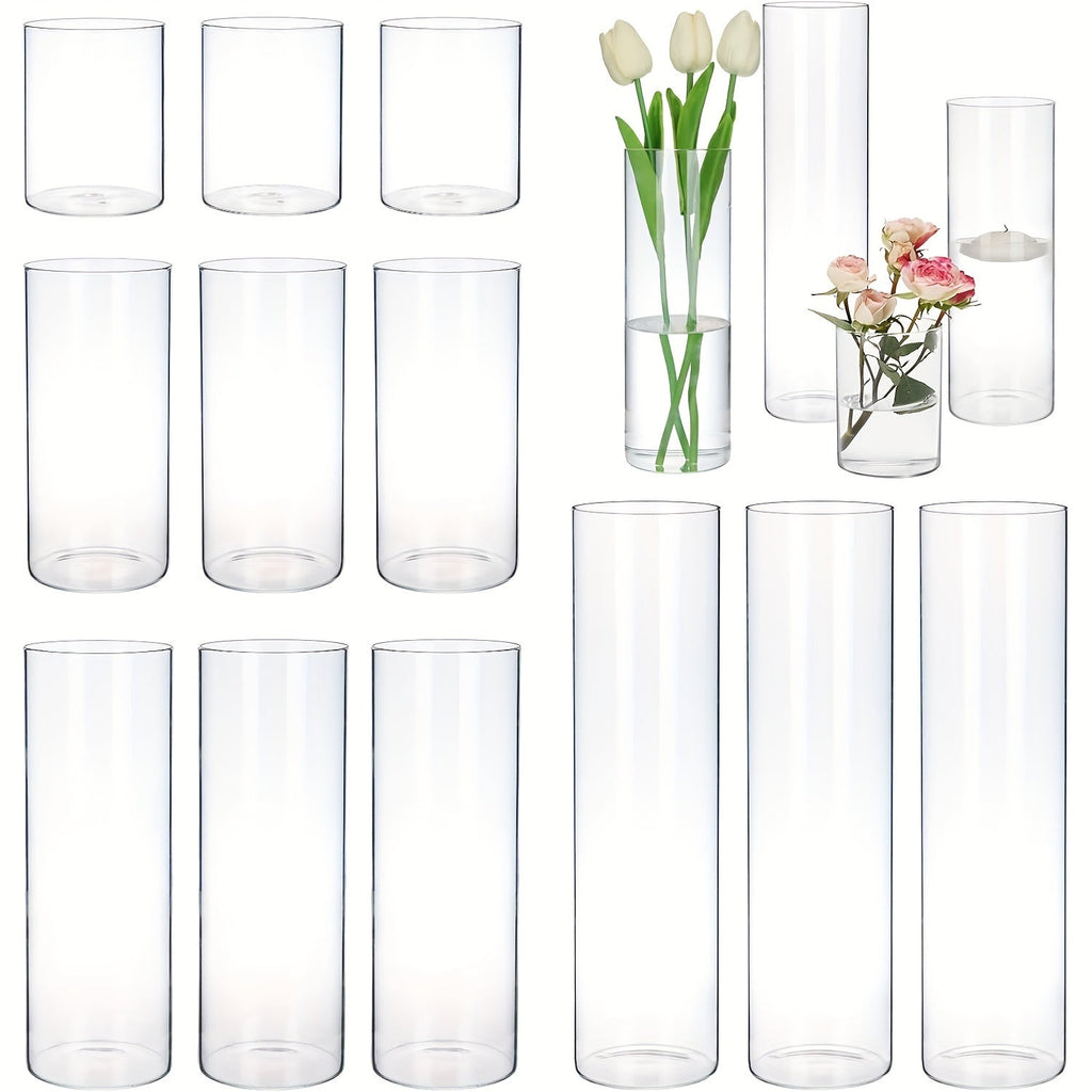 Glass Cylinder Vases Set 12 or 24pcs Clear Tall Flower Vase Candle Holder 4 Sizes for Wedding for Entryways, Bedrooms and Living Spaces