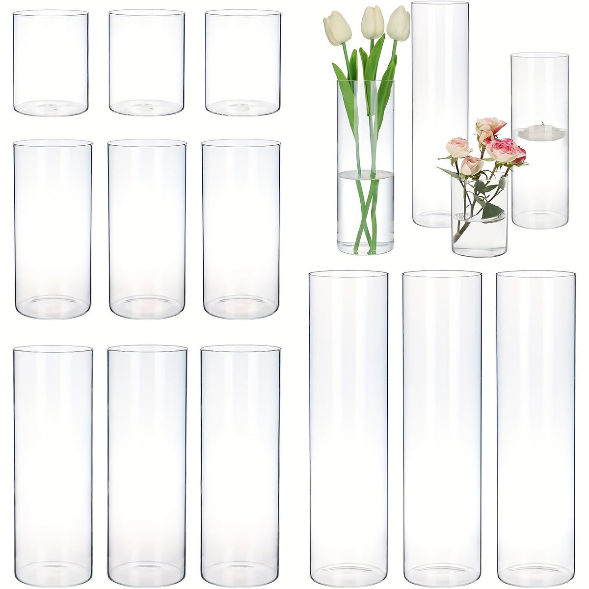 Glass Cylinder Vases Set 12 or 24pcs Clear Tall Flower Vase Candle Holder 4 Sizes for Wedding for Entryways, Bedrooms and Living Spaces