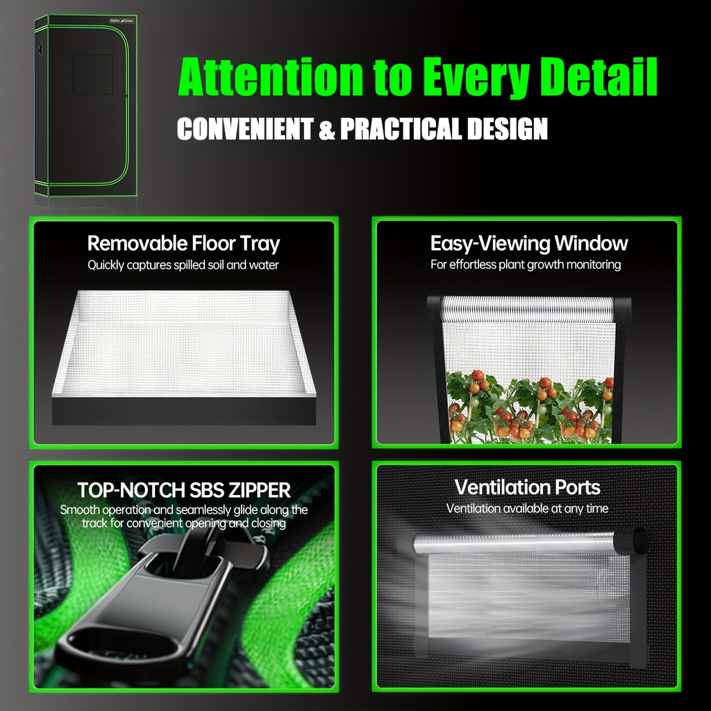 Indoor Grow Tent 1680D Lightproof with Viewing Window, Floor Tray & No-Tool Assembly, Hydroponic Setup for Seedling & Vertical Flowering
