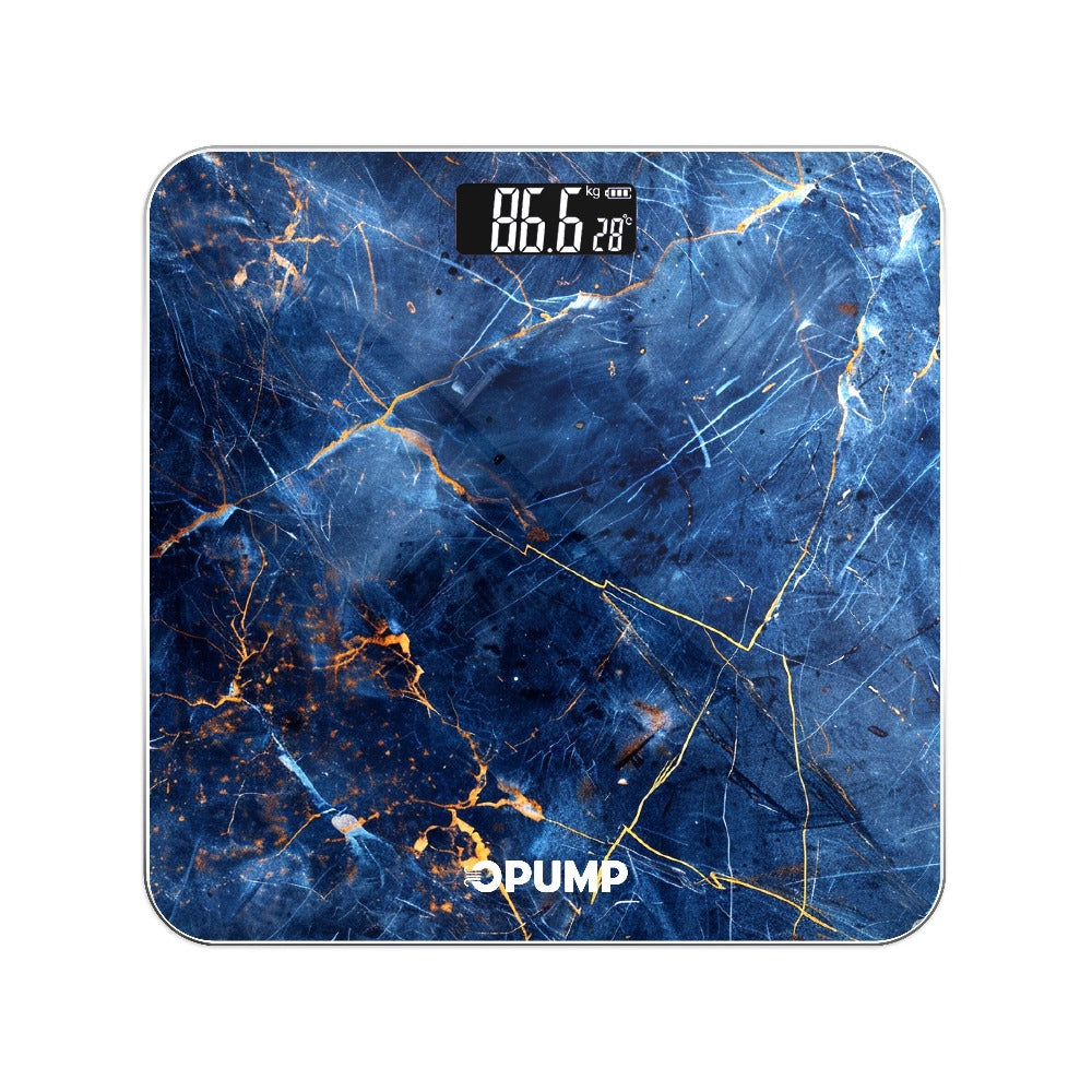 Patterned Digital Bathroom Scale with Top LED Display in Six Marble, Bronze, Black and Blue Styles