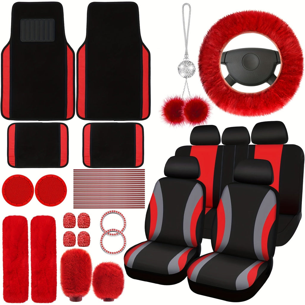 Car Seat Covers Fluffy Full-Cabin Accessory Set with Seat, Steering Wheel, Floor Mat and Belt Pieces