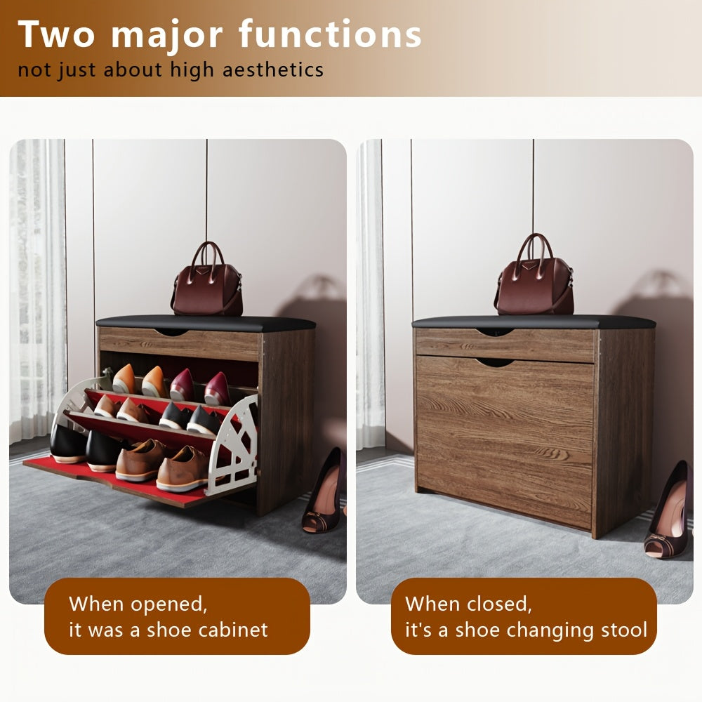 Shoe Cabinet, Furn Mivo 3-Layer Entryway Bench with Padded Top in Brown or Gray Finish Options