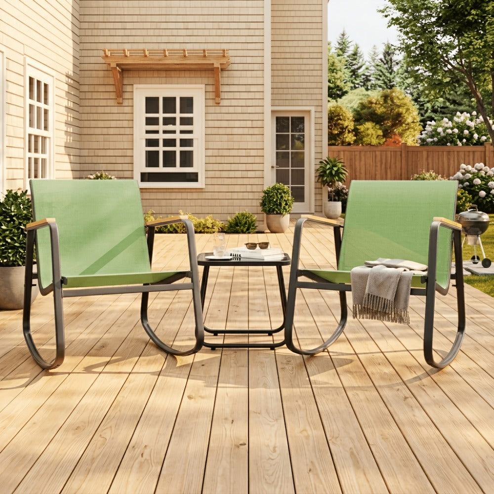 3-Piece Patio Rocking Chair Set with Side Table and Armrests
