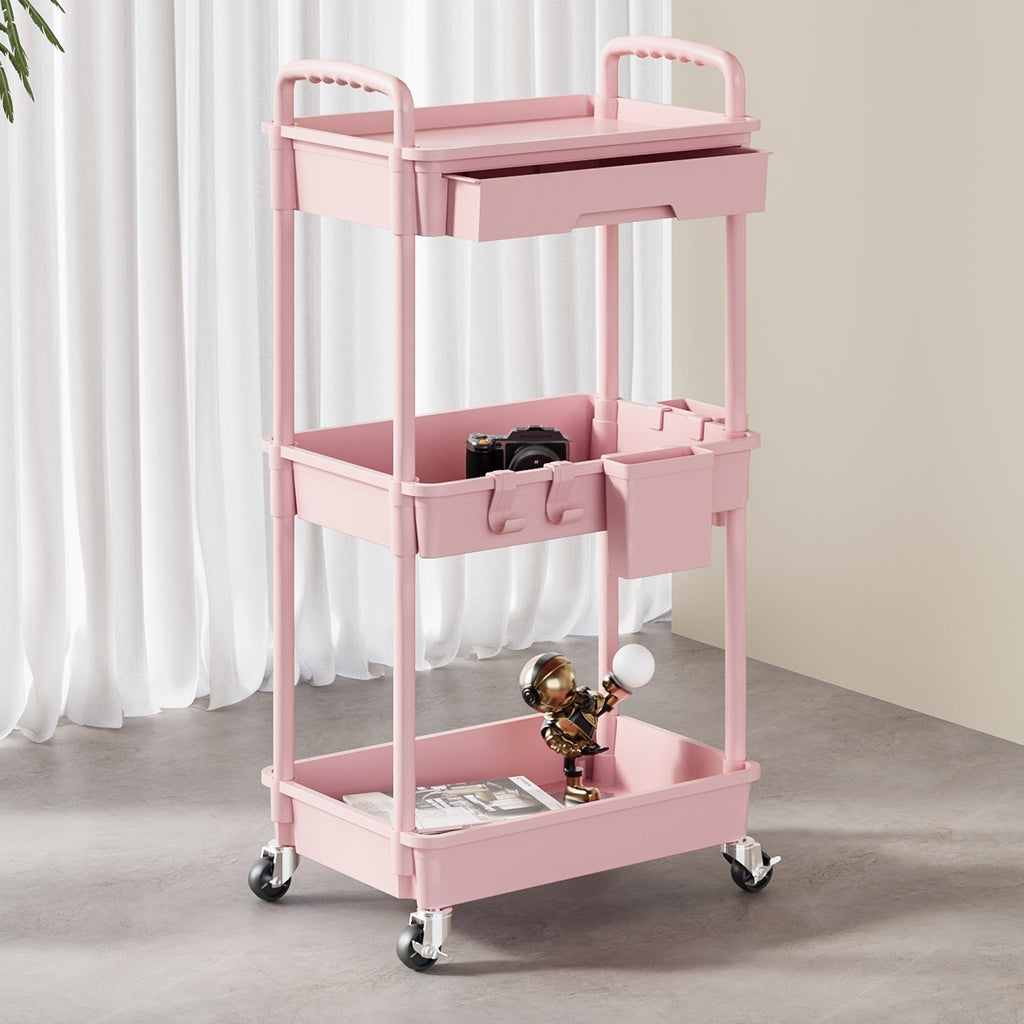 Rolling Utility Cart shown in the pink, 3 Tier option