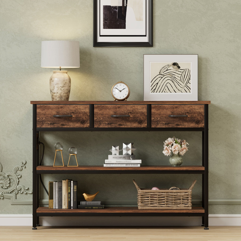 Three-Tier Console Table with Two Fabric Drawers, Open Shelves and Charging Panel in Brown or Black PU