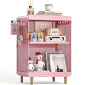 Three-Tier Metal End Table with Side Basket, Four Hooks and Pink or Green Finish for Compact Rooms