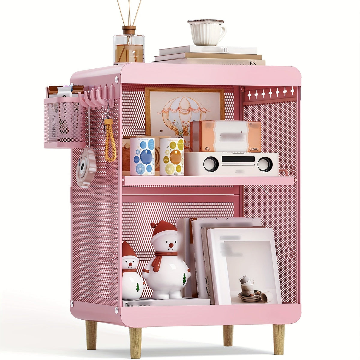 Three-Tier Metal End Table with Side Basket, Four Hooks and Pink or Green Finish for Compact Rooms