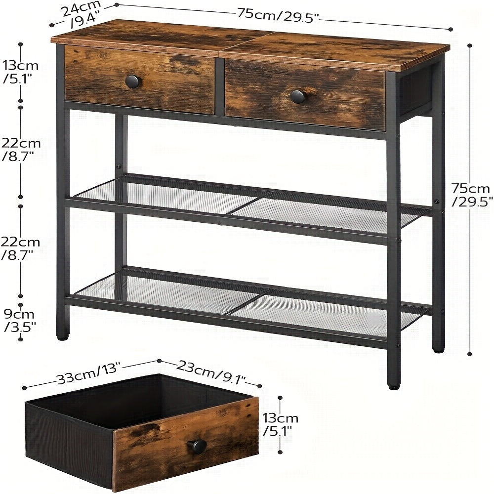 Compact Three-Tier Console Table with Two Upper Drawers and Open Lower Shelves, 29.5 Inches Wide
