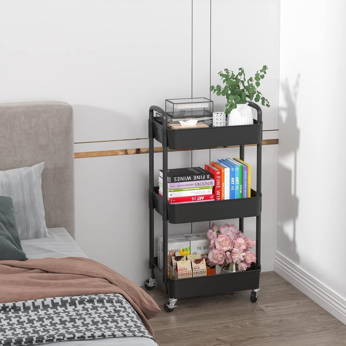 Three-Tier Rolling Utility Cart with Open Storage Baskets, Raised Handles and Black or White Finish