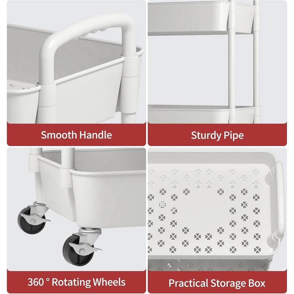3-Tier Plastic Rolling Utility Cart with Carry Handle for Organized Everyday Storage detail image - detail view 6