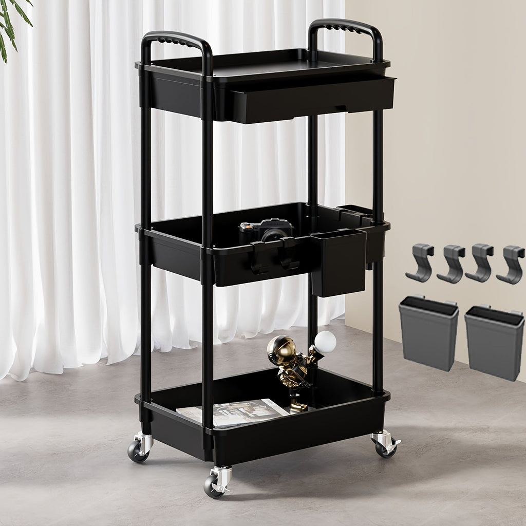 3-Tier Rolling Storage Cart with Storage Drawers and Locking Wheels for Living Room