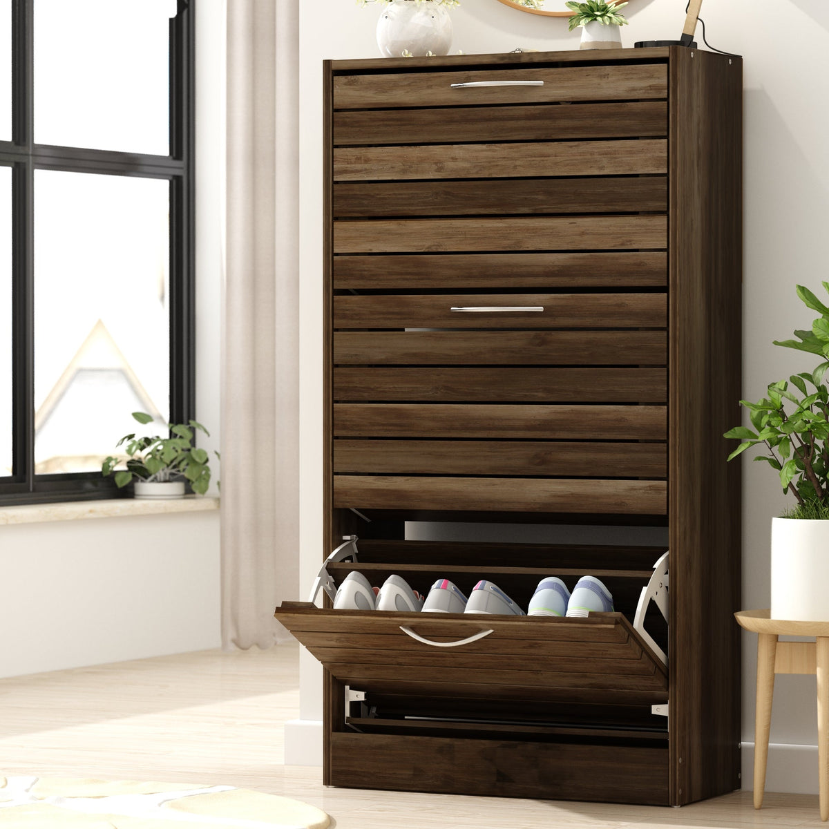 Shoe Cabinet, Furn Mivo Narrow Louver-Front Entryway Organizer in Brown and Gray Finish Options