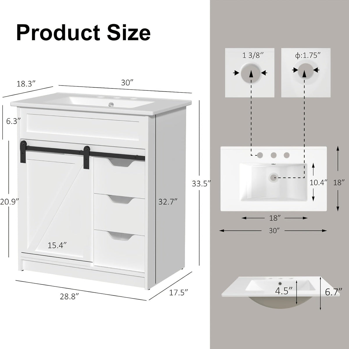 30-Inch Solid Wood Bathroom Vanity with Sliding Doors and Large-Capacity Storage