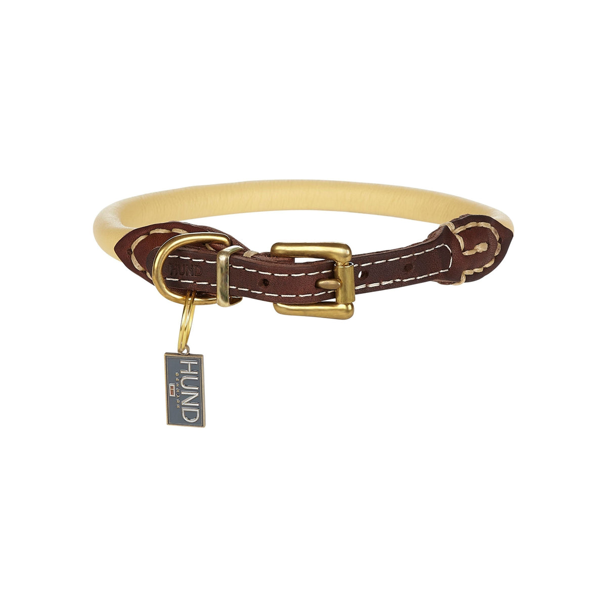 Rolled Italian Leather Dog Collar, 12" Length X 1/3" Width / Cream w Brown Brass Details