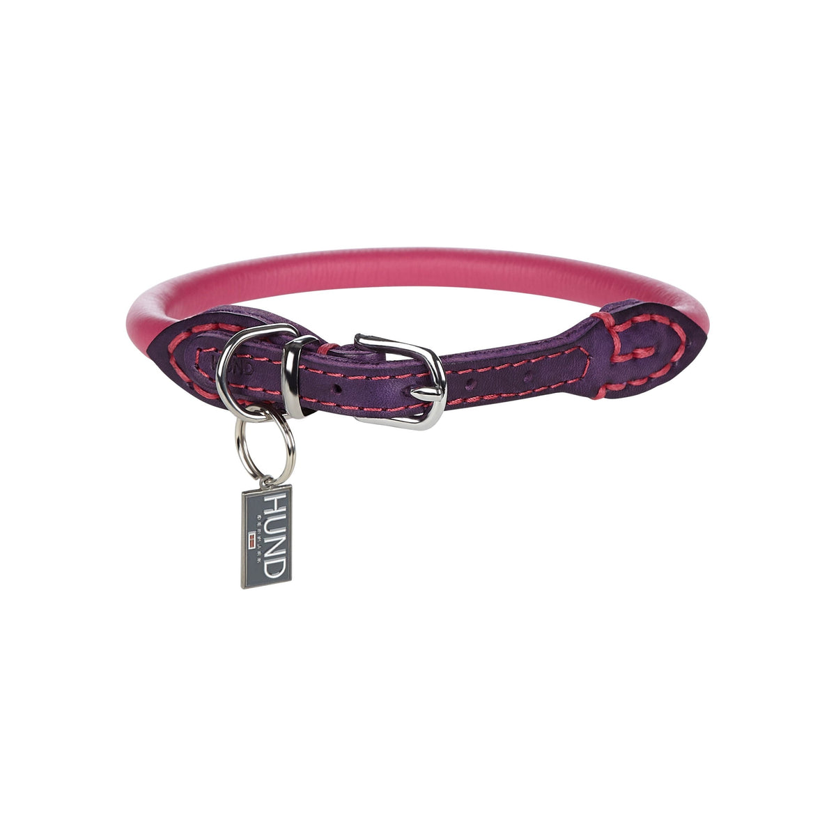 Rolled Italian Leather Dog Collar, 12" Length X 1/3" Width / Pink w Purple Chrome Details