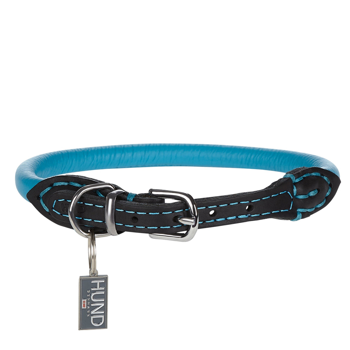 Rolled Italian Leather Dog Collar, 12" Length X 1/3" Width / Blue w Black Chrome Details