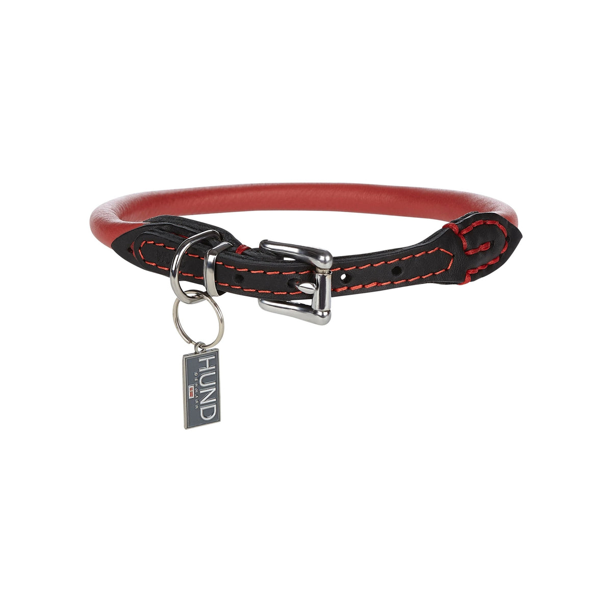 Rolled Italian Leather Dog Collar, 12" Length X 1/3" Width / Red w Black Chrome Details