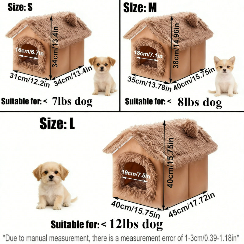 Plush Dog House Cave Bed with Brown-1 Finish, L Size Label and Padded Inner Mat for Indoor Pets