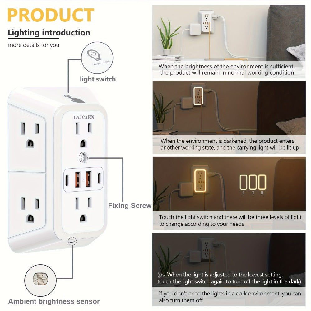 Outlet Splitter Wall Expander 10-in-1 with 6 AC Outlets 2 USB-A 2 USB-C Ports 3-Sided Plug for an Everyday Personal Care Routine