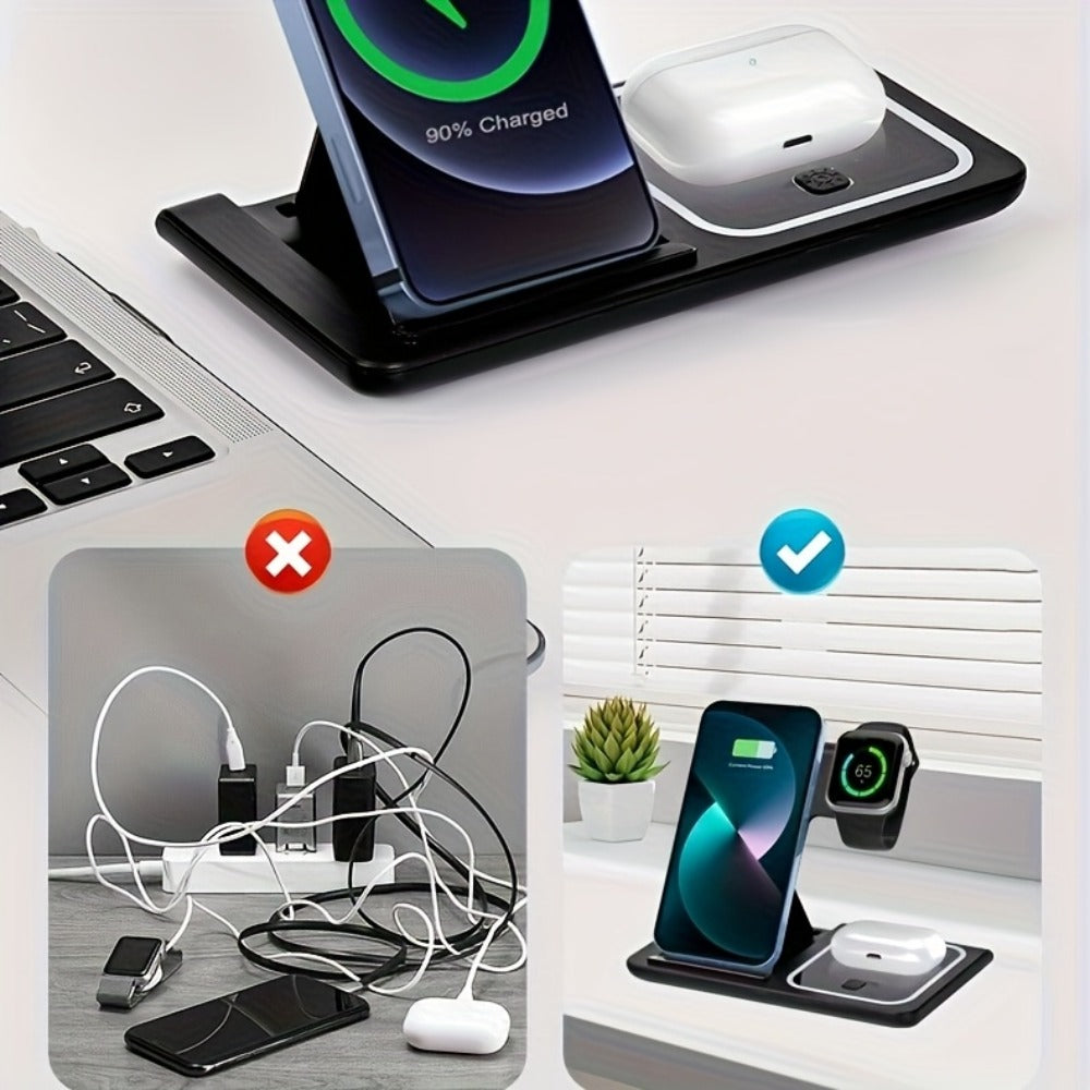 Wireless Charging Station, 3-in-1 15W Upright Stand with QC3.0 Adapter for iPhone, Watch and AirPods Models