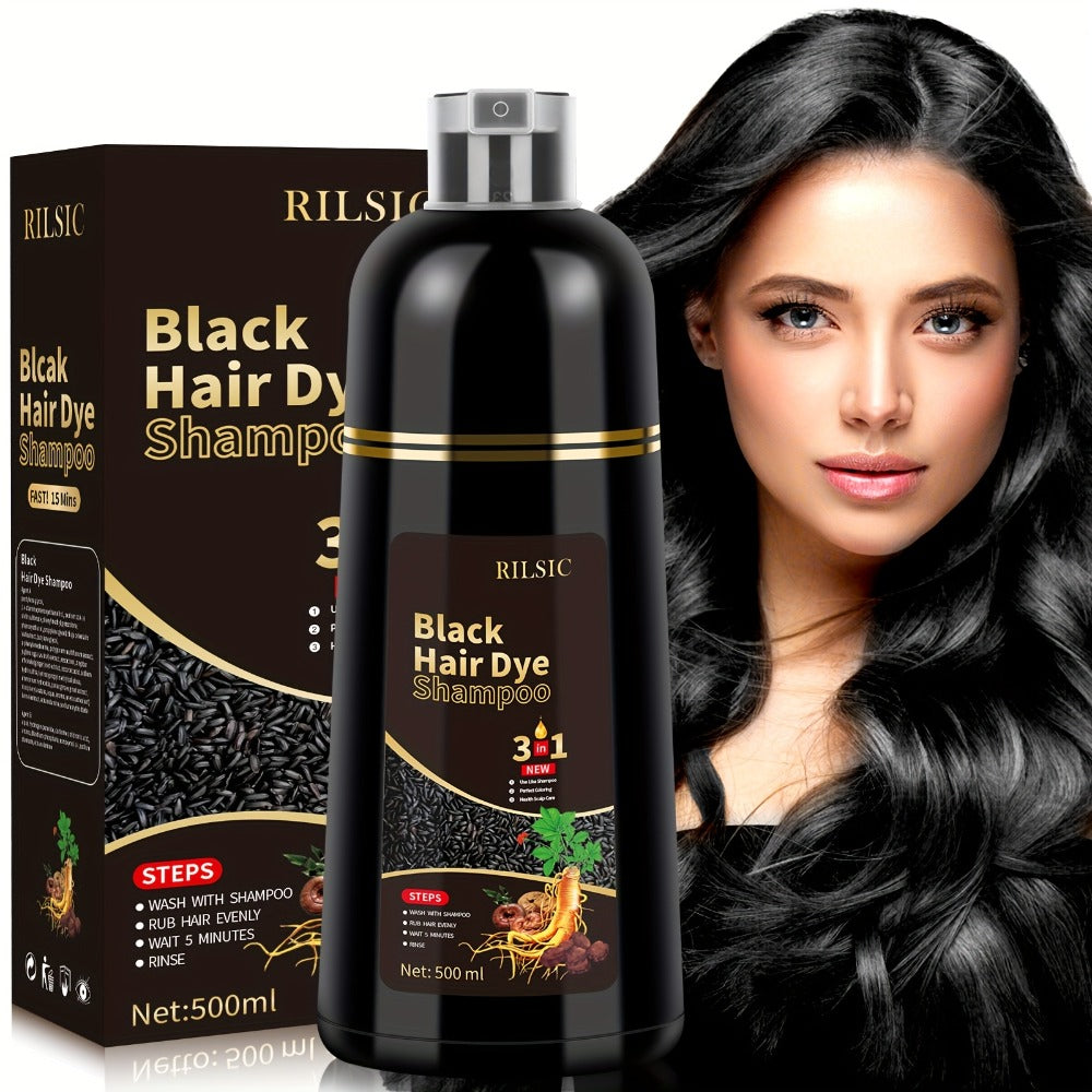 Grey Hair Dye Shampoo 3-in-1 Natural Plant-Based Herbal Formula – Non-Stick Scalp, Covers White Hair in Minutes, 500ml – Black, Dark Brown