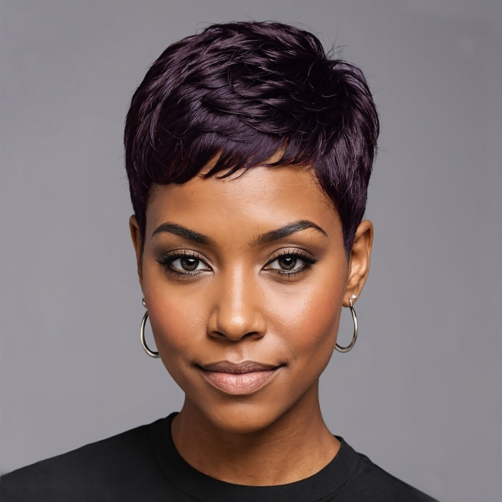 Synthetic Wig 4-Inch Body-Wave Pixie Cut with Bangs in Three Coded Multicolor Options for Costumes