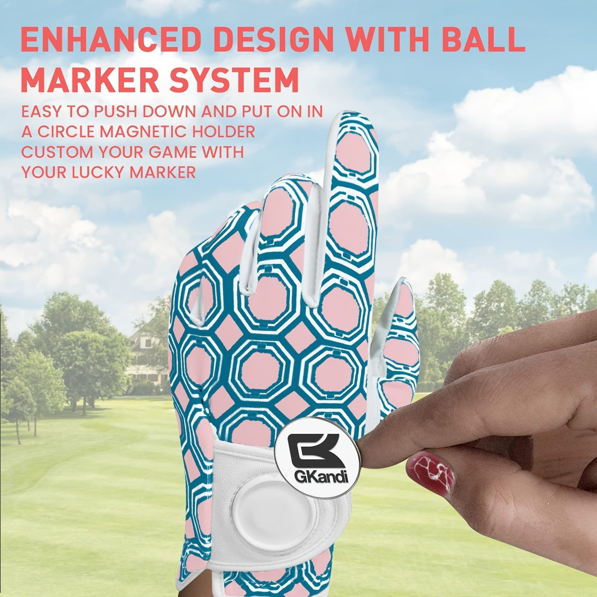 Women's Golf Gloves Left Hand with Ball Marker – All-Weather Grip Leather Golf Glove for Ladies Right-Handed Golfers, Colorful Design