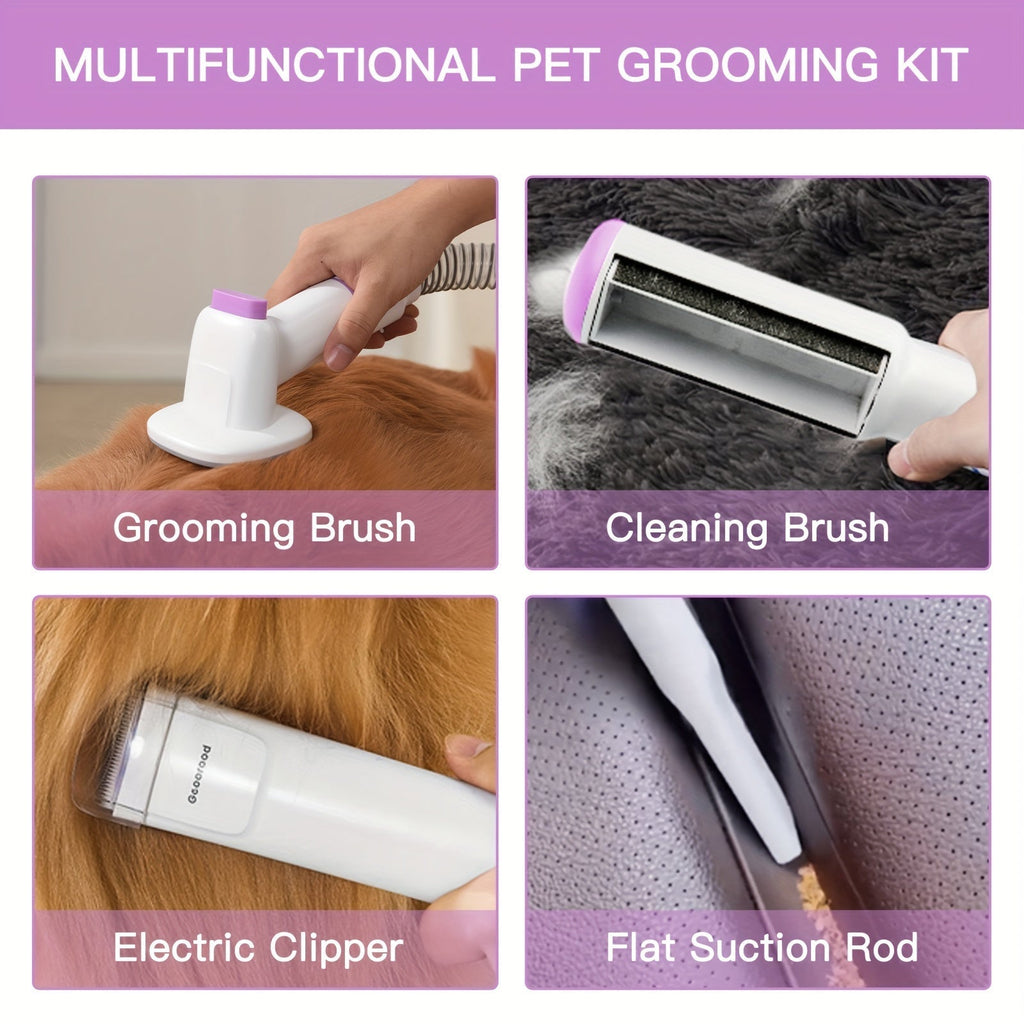 Pet Grooming Vacuum Kit with 2.5L Collection Cup, Electric Clipper, Hose and Four Pictured Tool Attachments