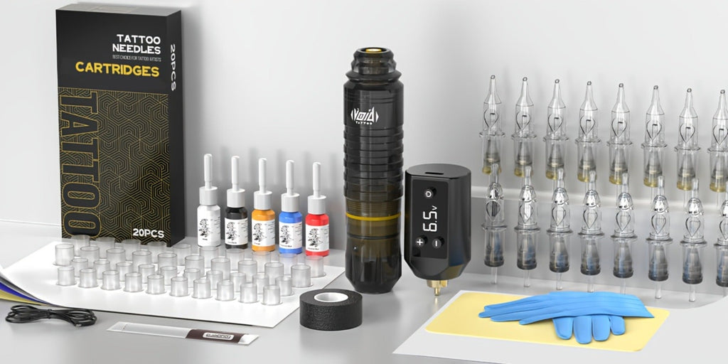 Tattoo Machine Kit VOID WTK421 or WTK422 Cordless Rotary Pen with USB-C, 20 Cartridges, 5 Inks and Practice Supplies