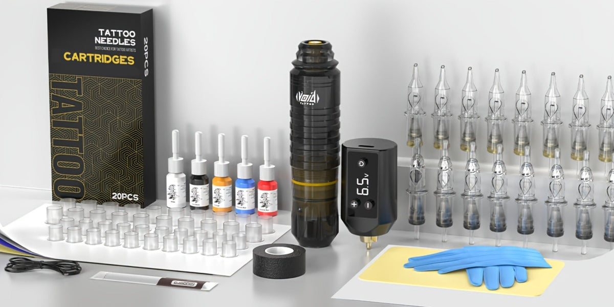 Tattoo Machine Kit VOID WTK421 or WTK422 Cordless Rotary Pen with USB-C, 20 Cartridges, 5 Inks and Practice Supplies