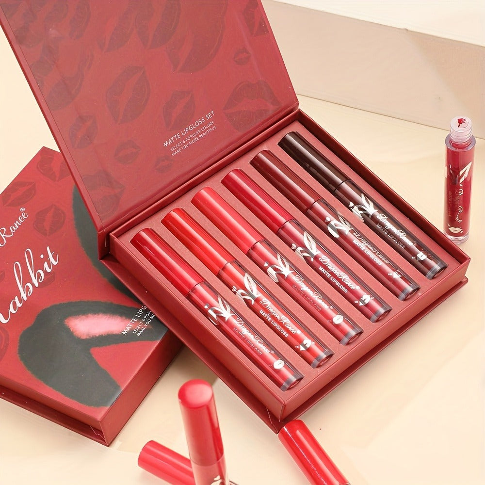 Red Lip Glaze Gift Set 6pcs in Elegant Box, Smudge-Proof Glazed Finish, Smooth Paste Formula