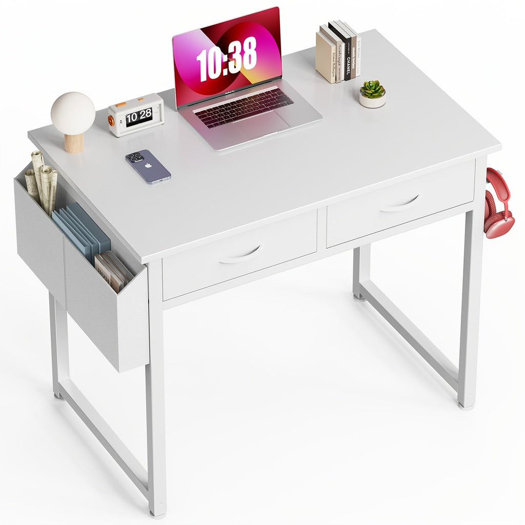 32-Inch Vanity Desk and Work Table with Two Fabric Drawers, Side Storage Bag and Headphone Hook
