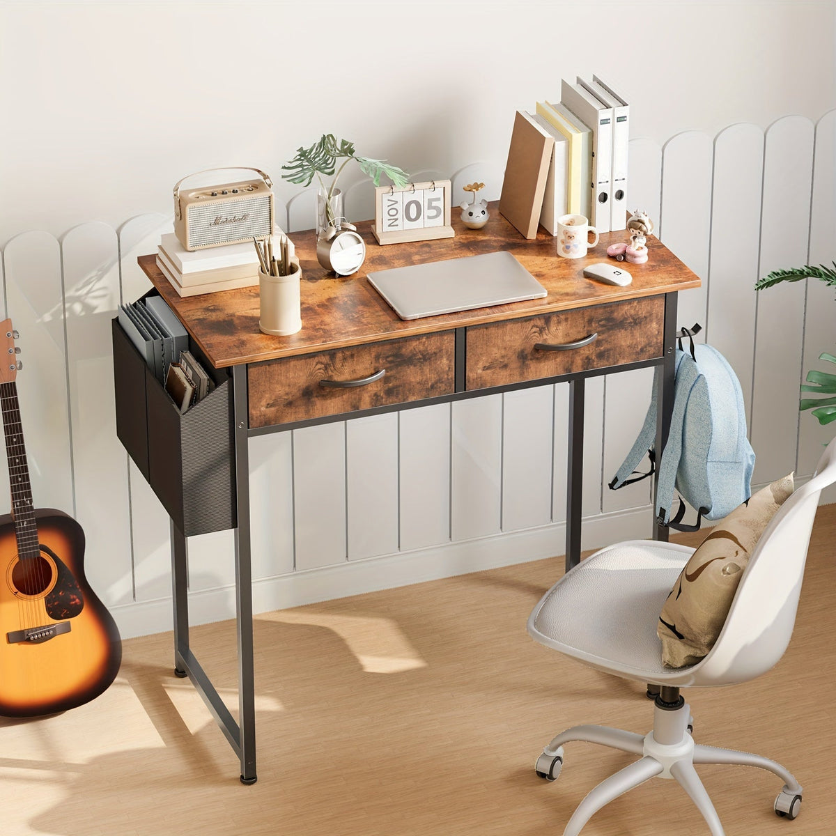 32-Inch Computer Desk with Metal Frame, Two Fabric Drawers, Open Shelves and Pull-Out Keyboard Tray