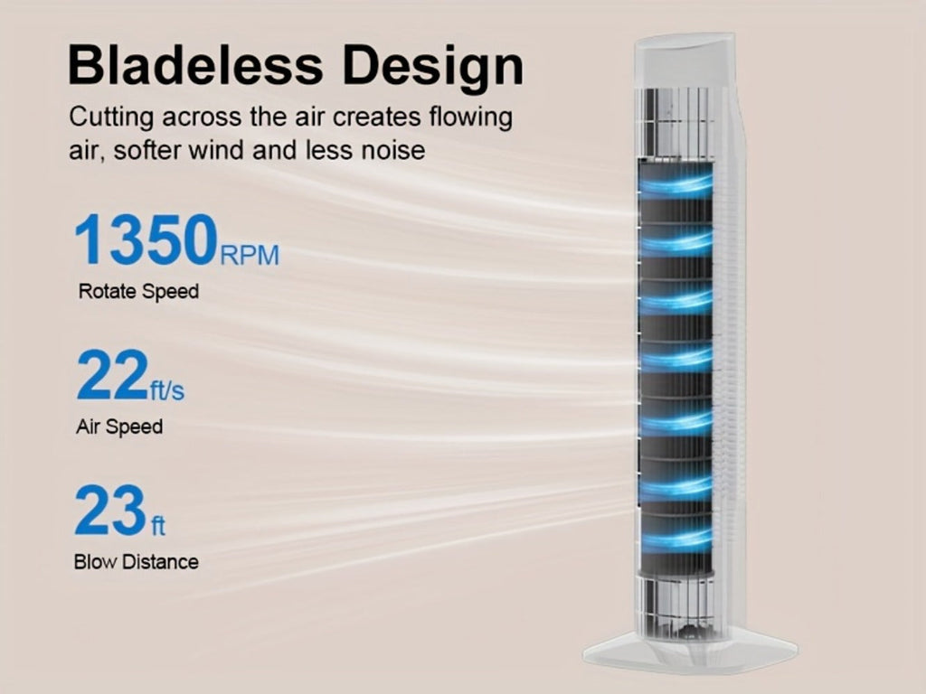 Tower Fan 31 Inch Bladeless, 80° Oscillating Standing Fan with Remote Control, 7.5H Timer & 3-Speed Settings