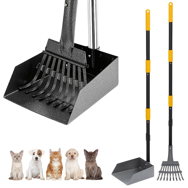 Long-Handle Pet Waste Rake and Tray Set with Two Three-Section Handles and Nine Color Options