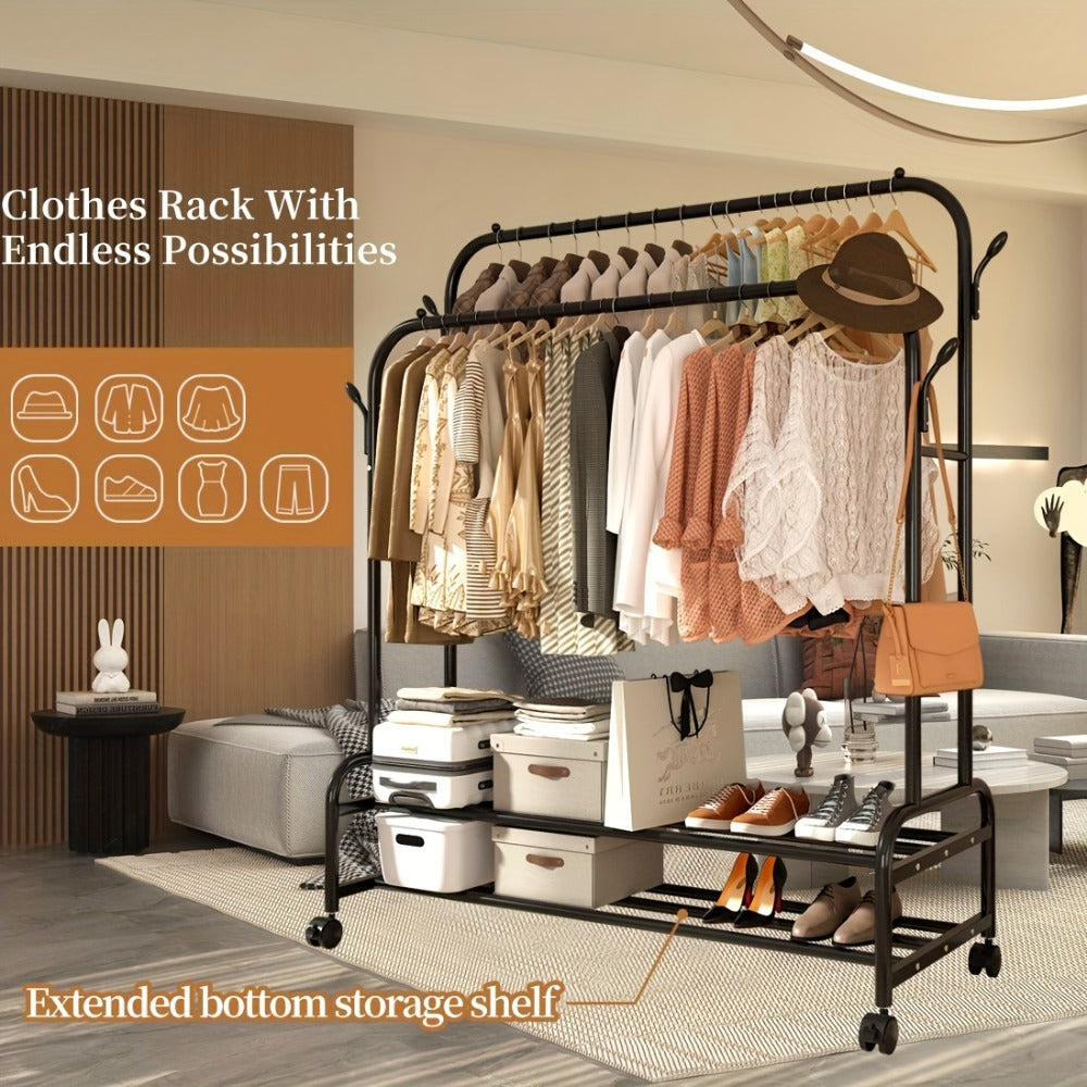 Black or Gold-Color Double-Rod Clothing Rack with Wheels, Side Hooks and 150 x 110 x 46 cm Frame